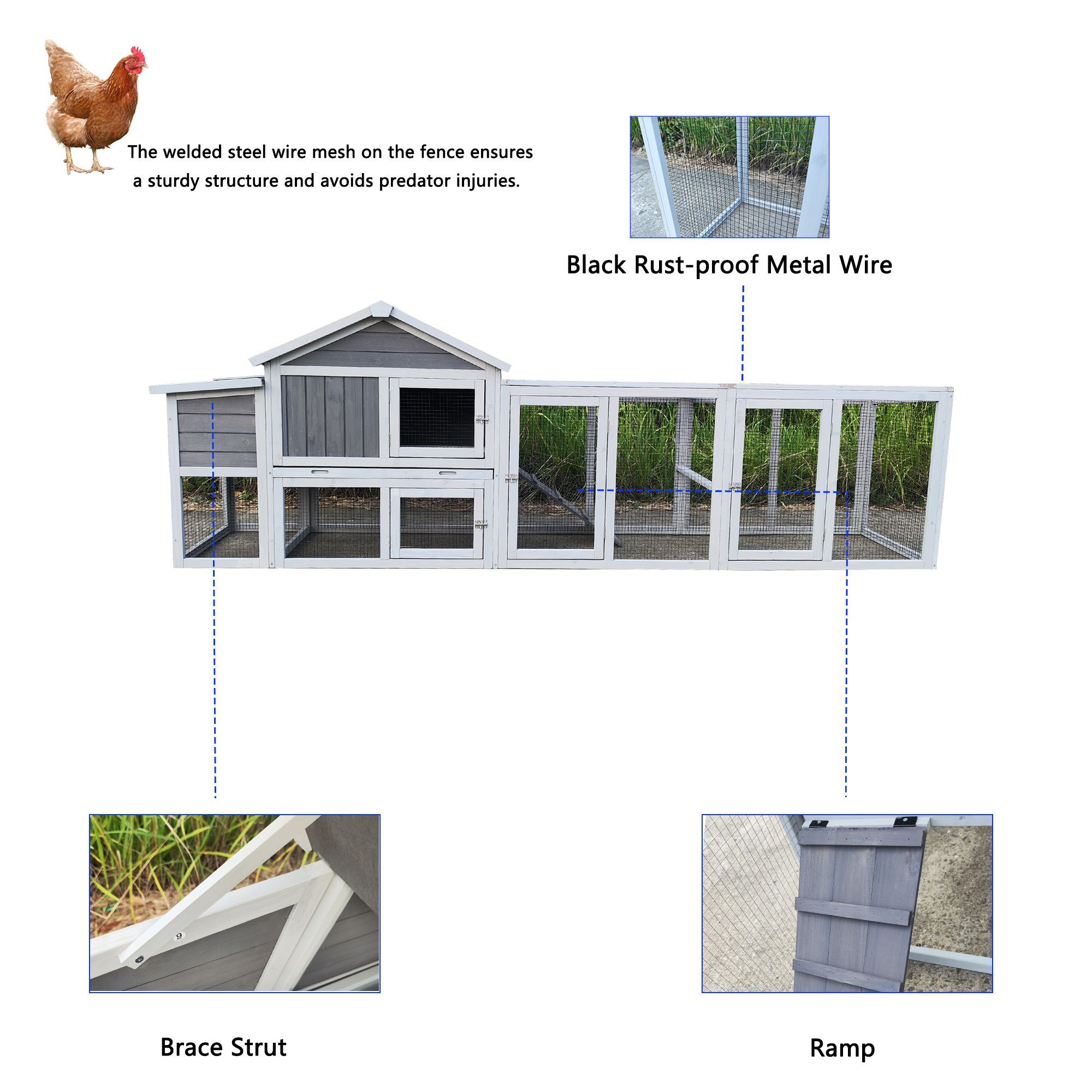 111.5 Gray Wooden Chicken Coop, Large Outdoor Hen House with Run and Nesting Box Poultry Cage, Rabbit Hutch, Waterproof Anti-UV Panel for Backyard