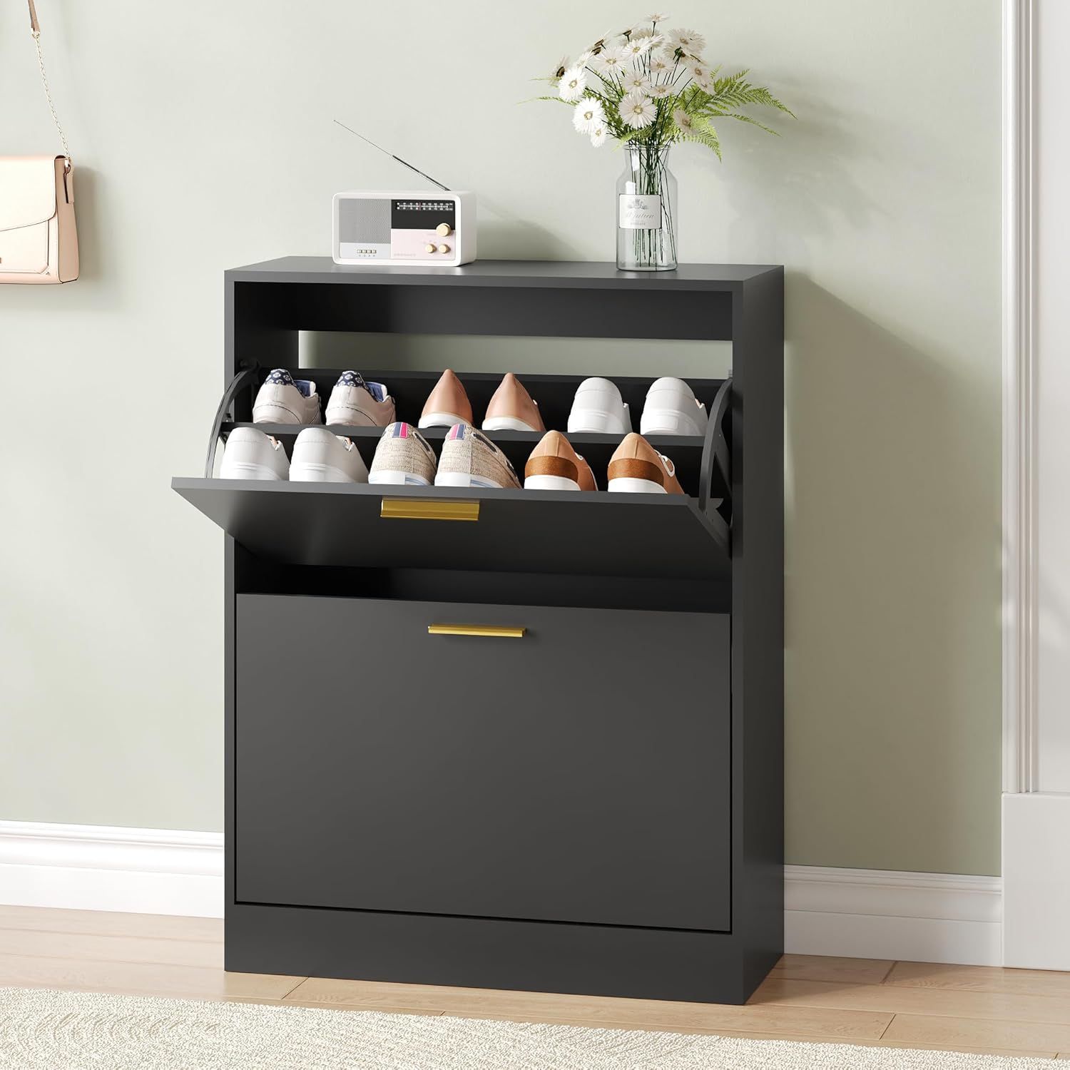 Shoe Cabinet with 2 Flip Drawers, Black Shoe Cabinet Storage for Entryway, Modern Shoe Organizer
