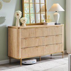 Fluted 6 Drawers Dresser for Bedroom, 54" Wide Modern Dresser TV Stand, Gold Accents, Fluted Fronts, Wood Storage Dressers Organizer for Be