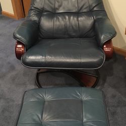 Blue Leather Chair & Matching Ottoman