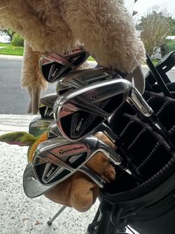 TaylorMade Sim max irons, Adam’s hybrid, an a Titleist drive with bag.