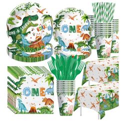Dinosaur First Birthday Party Supplies Boy, Dino Dinosaur 1st Birthday Decorations, Plate, Cup, Napkin, Tablecloth, Cutlery, Serve 24