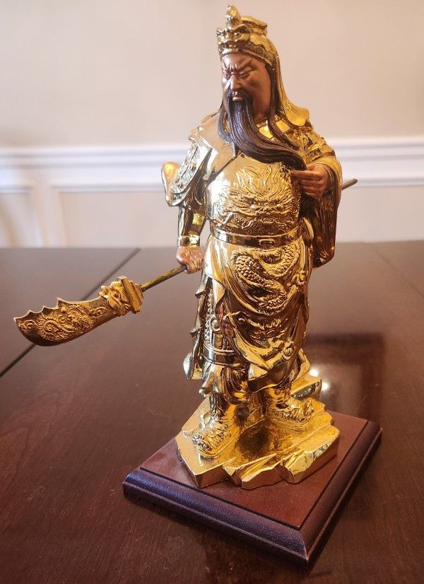 China Ancient Gilt Dragon Guan Gong Guan Yu Warrior God Figurine Statue, 8"