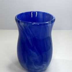 Cobalt Blue Swirl Art Glass Vase ~8” | Marbled Handblown Look | Modern Decor