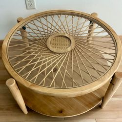 Wood & Rattan Glass Top Round Coffee Table