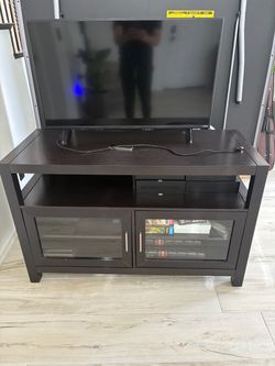 Dark Brown Wood TV Stand with Glass Doors