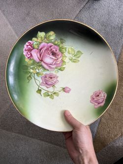 Vintage Porcelain Plate Roses Pink floral green beautiful wall cottage core 12.5"