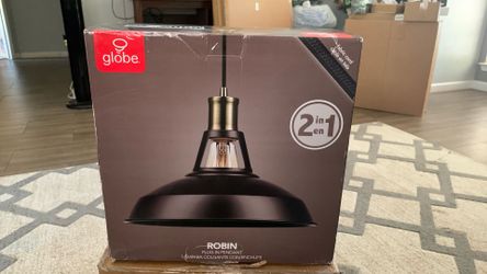 GLOBE Electric 65712 Robin 1-Light Plug-in or Hardwire Pendant, Satin Black, Antique Brass Accents, 15ft Black Woven Fabric Cord, in-Line On/Off Rocke