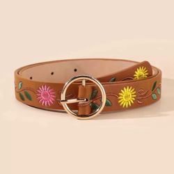 Boho Flower Embroidered Colorful Women's Metal Buckle Everyday Brown Belt - OS