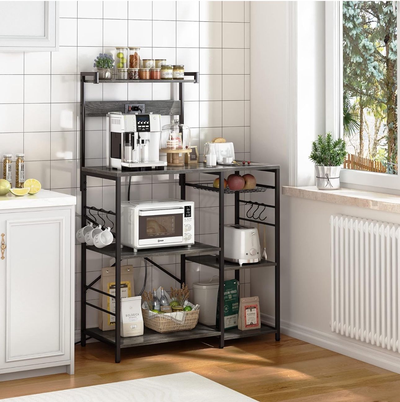 Bakers Rack with Power Outlet, Microwave Stand, Coffee Bar with Wire Basket, Kitchen Storage Rack with 6 S-Hooks, Kitchen Shelves for Spices, Pots and