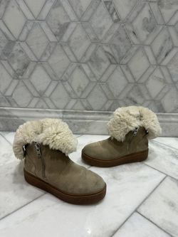 Size 7.5 J/SLIDES Tan Leather with Faux Fur Lining Zip Up Sneaker Platform Booties