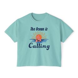 Ocean Calling Women's Boxy Tee, Beach Vibe Shirt, Casual Summer Top, Cute Graphic Tee, Gift for Ocean Lovers