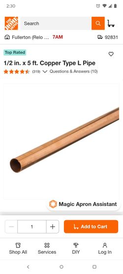 1/2 inch 5ft copper pipes (30) pieces