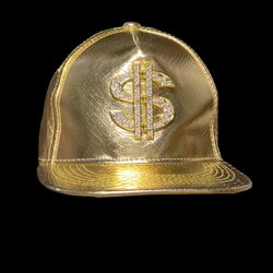 Gold Bling Dollar Adjustable Faux Leather Crocodile Skin Style Cap EUC