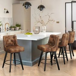 26" Tall Counter Height Swivel Bar Stools with Back Faux Leather Barstools for Home Kitchen, Brown