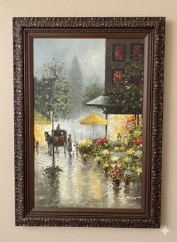 Vintage Large Framed Oil Painting European Rainy Street Scene Floral Market 44.5” x 32”