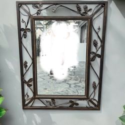 Large oversized Mediterranean Style antique bronze Wrought Iron grape / Leaf Beveled glass Mirror 38 x 50. 