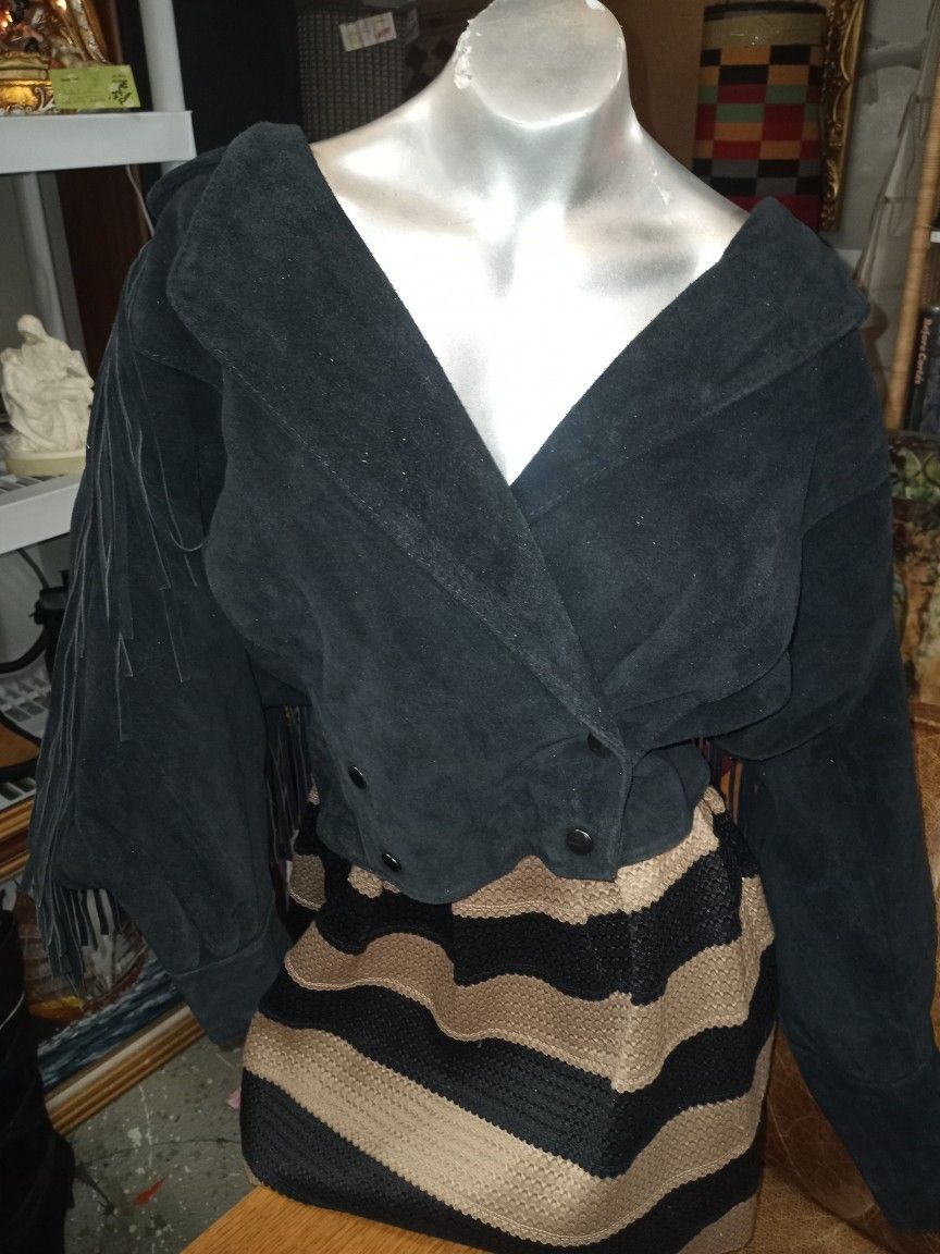 Black Leather Fringe Coat