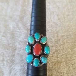 Turquoise And Coral Ring  Size 10 1/2