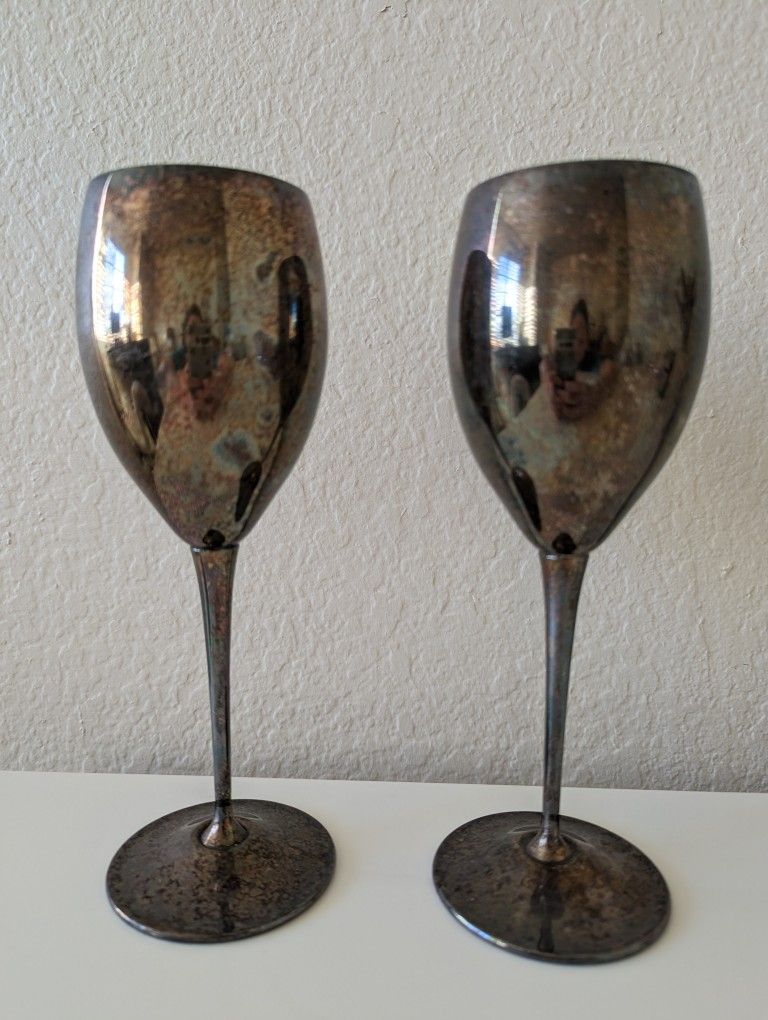 Pair of Vintage E. L. Delberti Italy Silverplated Pewter Goblets With Patina