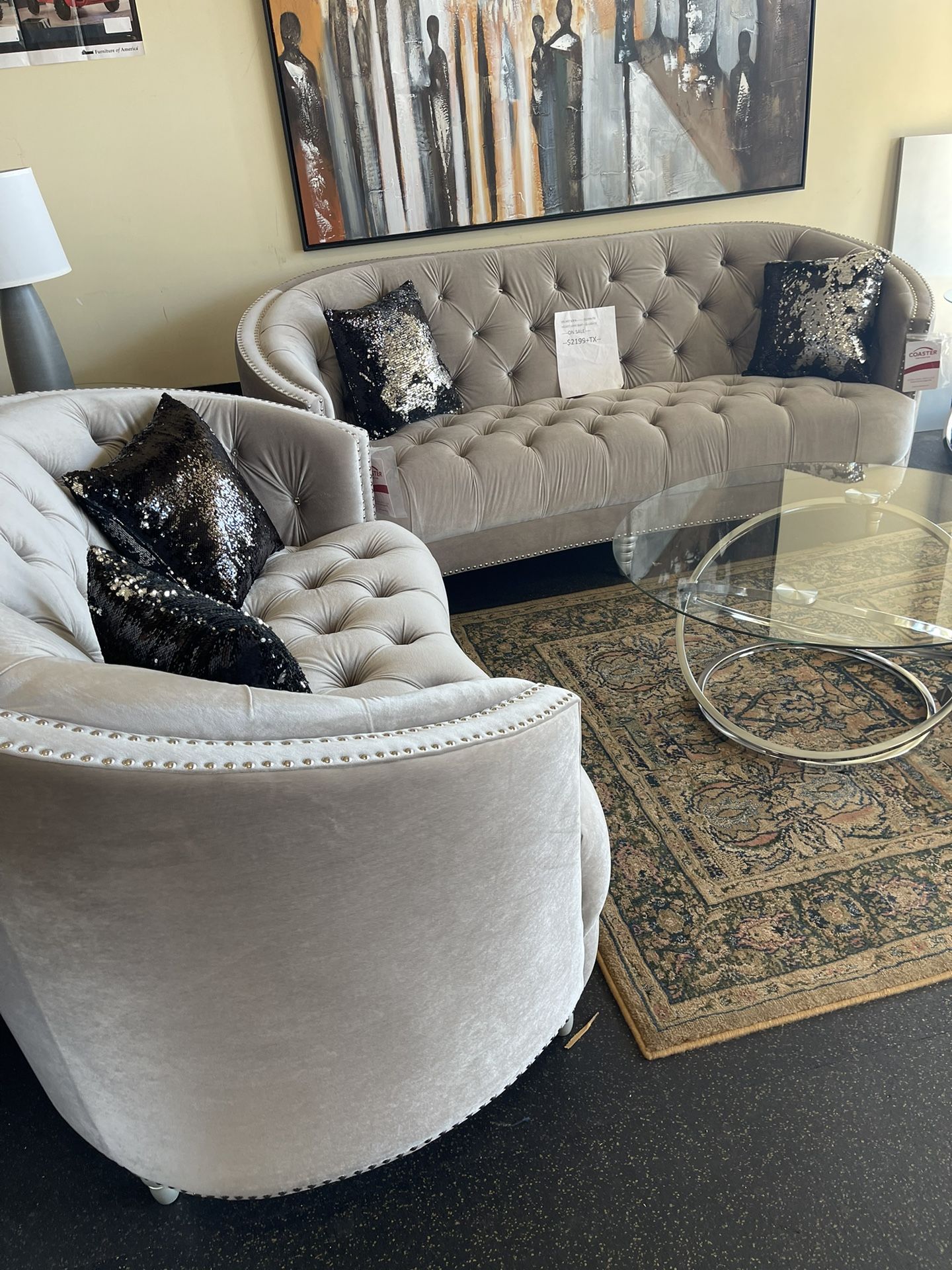 Sofa & Love Seat ( Velvet) On Sale( Free 3 Pac Coffee Table Set)