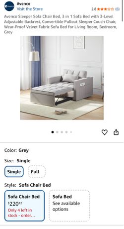 Avenco Sleeper Sofa Chair Bed, 3 in 1 Sofa Bed with 3-Level Adjustable Backrest, Convertible Pullout Sleeper Couch Chair, Wear-Proof Velvet Fabric Sof