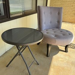 Elegant Grey Velvet Accent Chair & Glass Folding Table Set