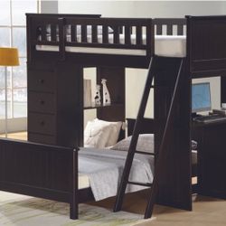 BLACK TWIN LOFT BED /TWIN BED WITH DESK , SHELFS AND DRAWERS (as) $799. FREE LOCAL DELIVERY 