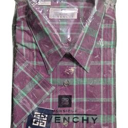 NEW NWT Monsieur Givenchy Men’s XL (17 – 34/35) Short-Sleeve Plaid Shirt – 55% Cotton / 45% Polyester, Factory-Sealed