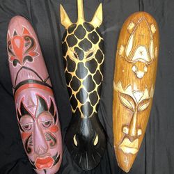 Hand-Carved Wooden Masks – Set of 3 (20 inches)