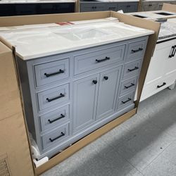 Bathroom Vanity Cabinet 48” Solid Oak Quartz Top With Sink And Backsplash
