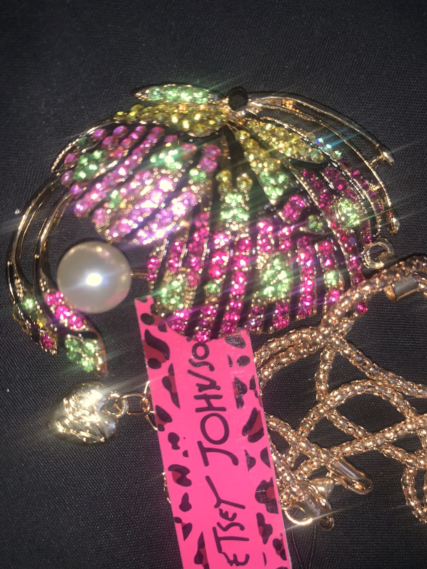 Betsy Johnson crystal butterfly pendant brooch necklace