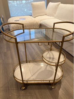 Gold Bar Cart with Glass Top and Marble Shelves