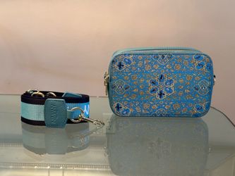 New NIMANY Nima New York City Leather Cross Body  Bag Blue Angel Persian Art Clutch With Detachable Shoulder Strap