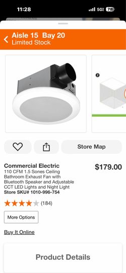 Commercial Electric 110 CFM 1.5 Sones Ceiling Bathroom Exhaust Fan with Bluetooth Speaker and Adjustable CCT LED Lights and Night Light