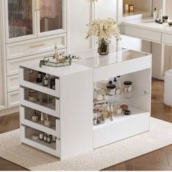 🔥Closet Island with Glass Top & 8 Drawers for Walk in Closet, Jewelry Display Cabinet Island with Glass Shelf, for Store Dressing Room Shop, 47.2”W x