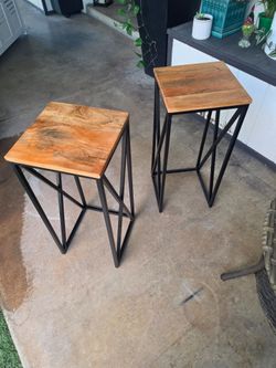 Set of 2 Industrial Wood Top Side Tables