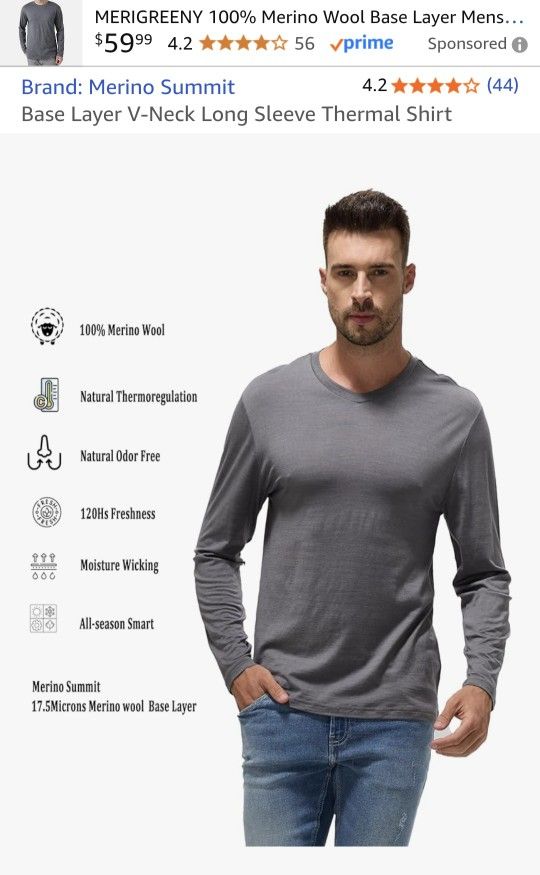 100% Merino Wool Base Layer Thermal Long Sleeve Shirt