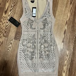 Bebe Embellished Mini Dress White Rhinestone Bodycon Medium NWT Party Cocktail