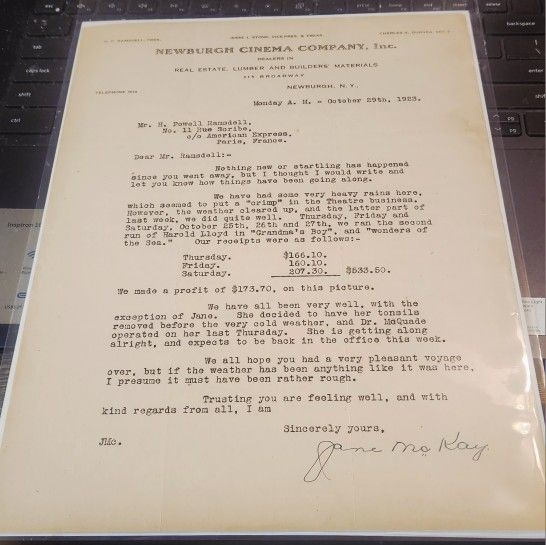 1923 Antique Letter Re: Theater Business (See Ad)