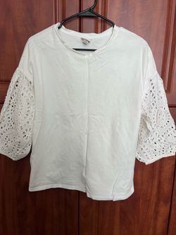 A New Day Size XL White Eyelet Puffed Sleeve All Cotton Womens Knit Pullover Top