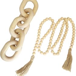 2 Pieces Decorative 5 Link Wooden Chain Decor and Bead Boho Farmhouse Rustic Home Table Decor Coffee Table Shelf Aesthetic Modern Bookshelf Table Wood