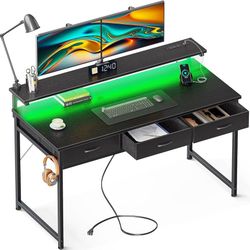 54 Inch Computer Desk with 3 Drawers and USB Power Outlets, Home Office Desks with LED Lights and Adjustable Monitor Stand, Work from Home, Modern Wor