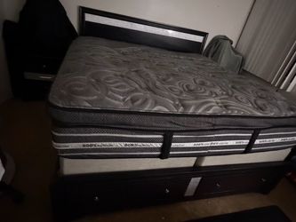 Black and silver king size bed frame and mattress , black and silver bench, and black and silver night stand