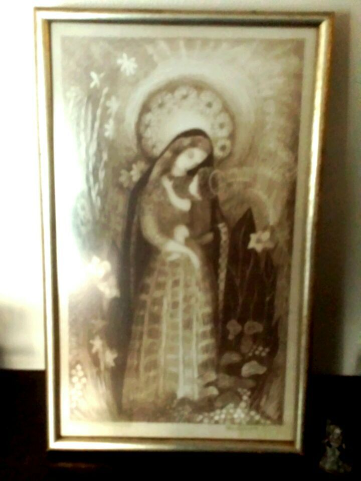VINTAGE SWEDISH TEXTILE PRINT 1960s of * MADONNA and CHILD * by ILSE ROEMPKE