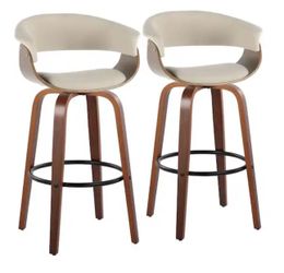 Vintage Mod 29 in. Cream Fabric, Walnut Wood and Black Metal Fixed-Height Bar Stool Round Footrest (Set of 2)