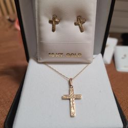 10k Solid Cross Earrings And Necklace Set 