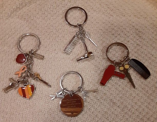 NEW Metal Hair Stylist Keychains w/ Scissors, Comb, Blowdryer & Hearts Charms