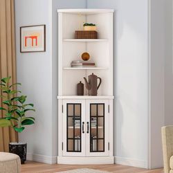 AMERLIFE Curved Corner Storage Cabinet, 65" Tall Freestanding Bookcase with Glass Doors & Adjustable Shelves, 5-Tier Corner Display Cabinet for Living