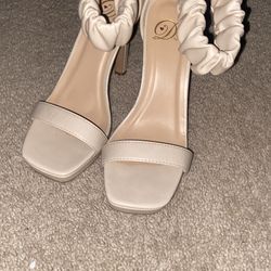D Beige Ruched Ankle Strap Stiletto Square Toe Strappy Party Heels Women